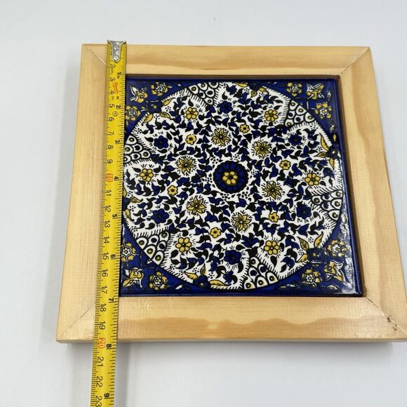 Barbour Ceramics Tile 8x8 square Stand Wood Cobalt Blue and White Yellow Flowers - Picture 15 of 16